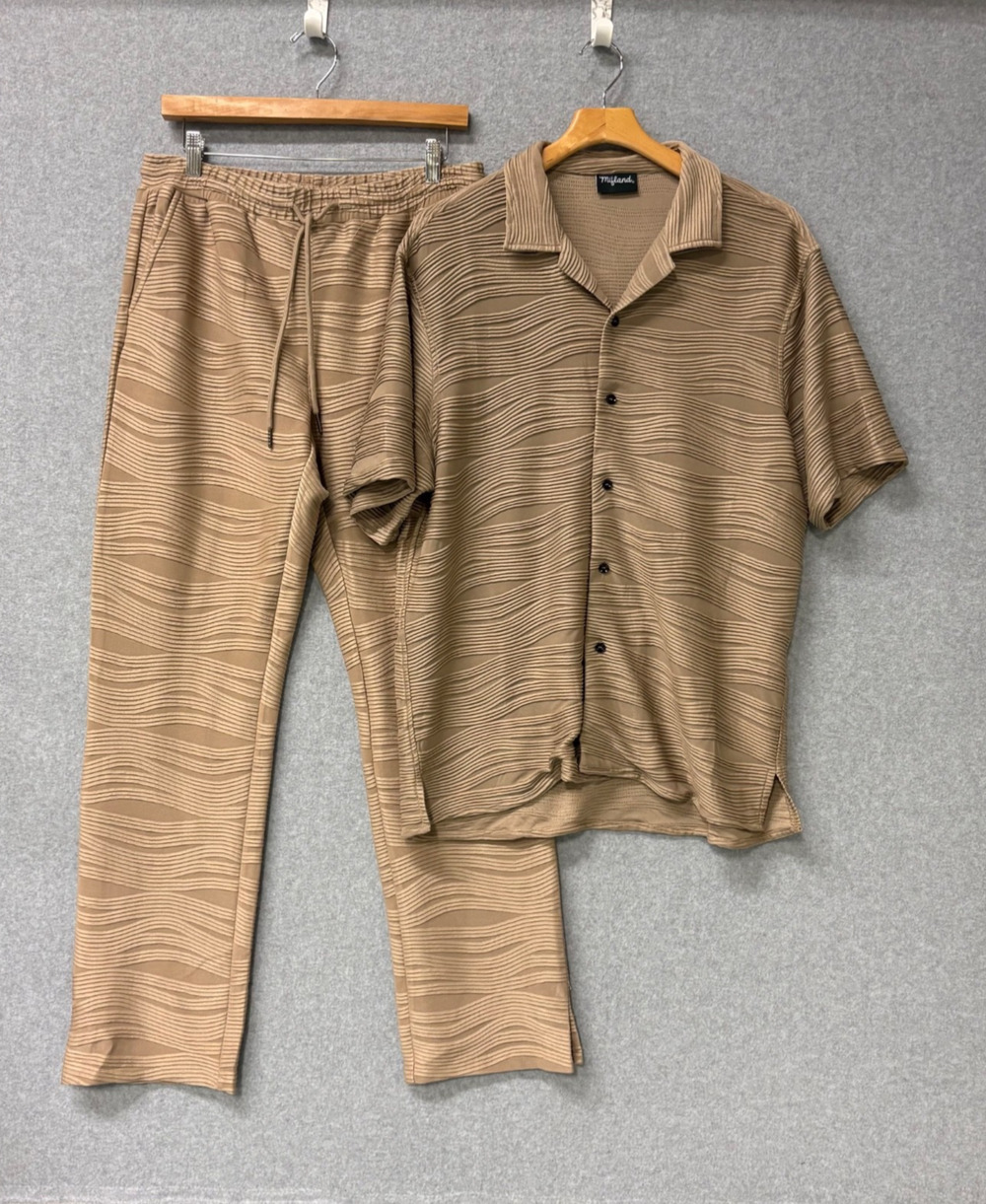 Mifland Como Set Shirt Pants Deep Taupe Textured Cabana Men’s Size Medium